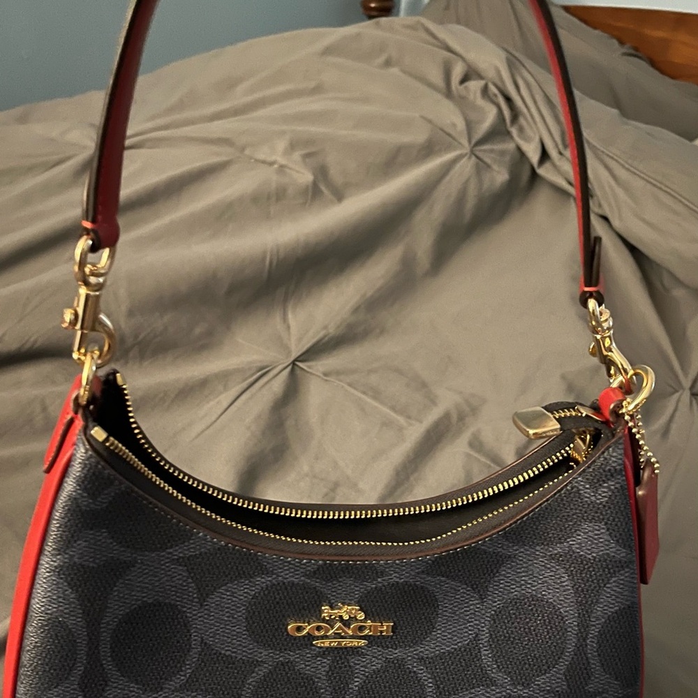 Coach Signature Canvas Shoulder Bag in Blue and Red.